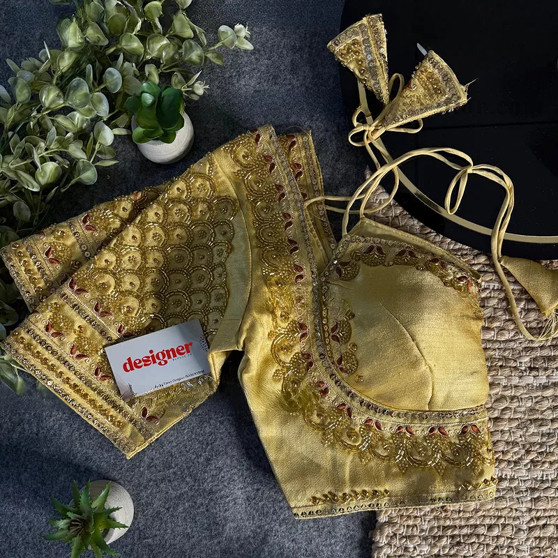 Gold Beautiful Beads Work Halter Neck Embroidery Blouse in Italian Silk