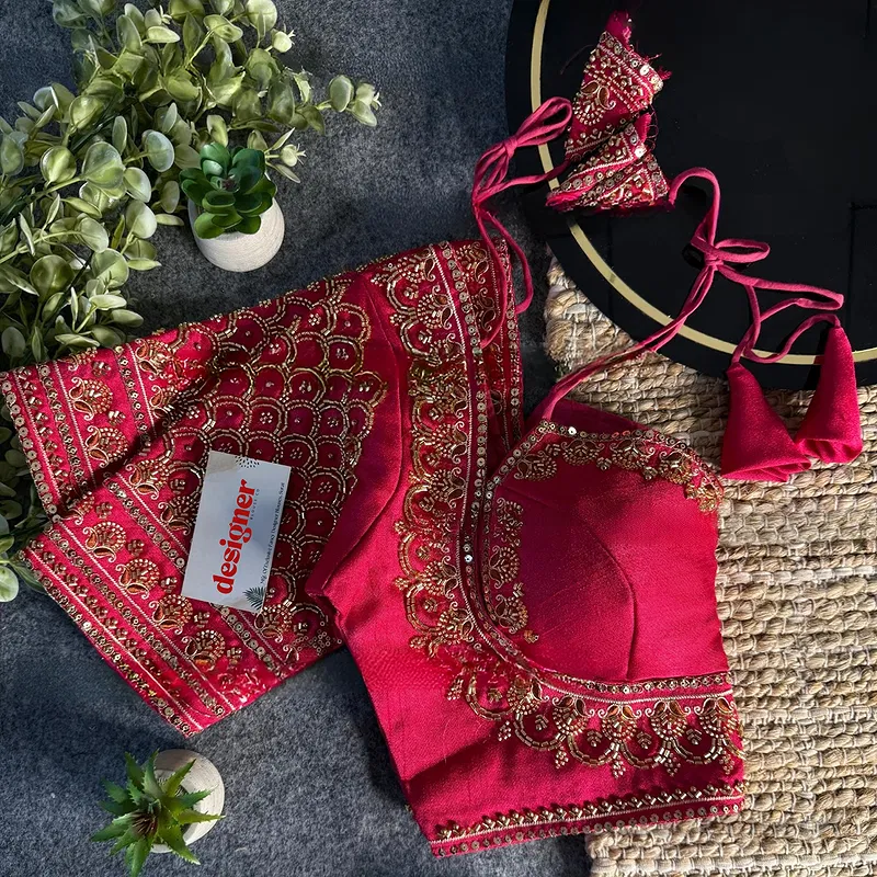 Rani Beautiful Beads Work Halter Neck Embroidery Blouse in Italian Silk