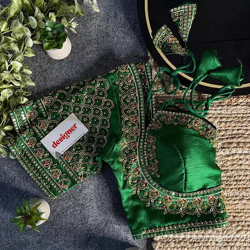 Green Beautiful Beads Work Halter Neck Embroidery Blouse in Italian Silk