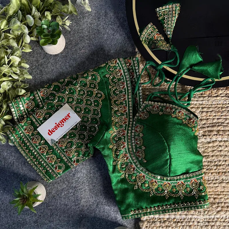 Green Beautiful Beads Work Halter Neck Embroidery Blouse in Italian Silk