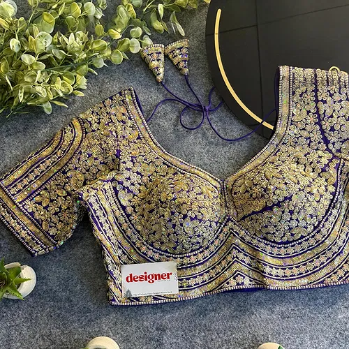 Purple Italian Silk Heavy Coding & Sequin Work Sabyasachi Neck Blouse