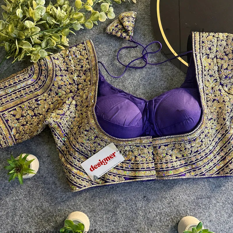 Purple Italian Silk Heavy Coding & Sequin Work Sabyasachi Neck Blouse