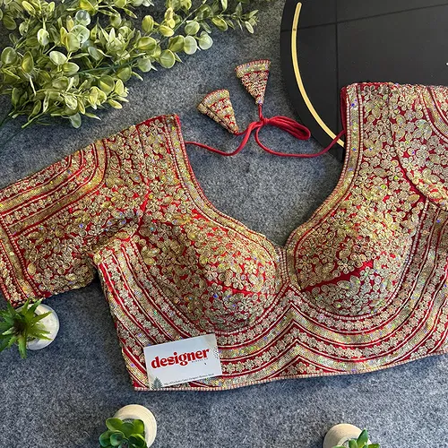 Red Italian Silk Heavy Coding & Sequin Work Sabyasachi Neck Blouse