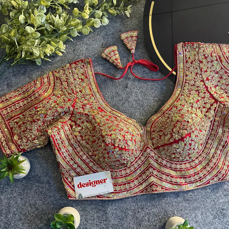 Red Italian Silk Heavy Coding & Sequin Work Sabyasachi Neck Blouse