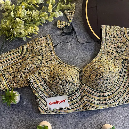 Bottle Green Italian Silk Heavy Coding & Sequin Work Sabyasachi Neck Blouse