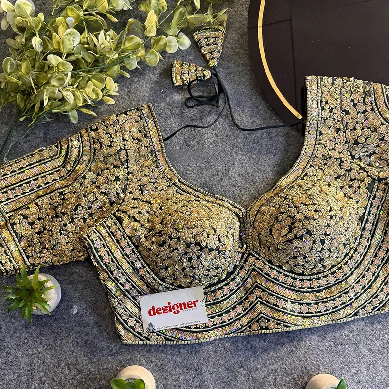 Bottle Green Italian Silk Heavy Coding & Sequin Work Sabyasachi Neck Blouse