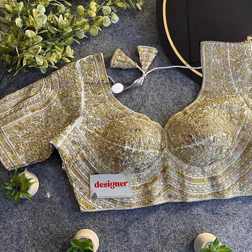 White Italian Silk Heavy Coding & Sequin Work Sabyasachi Neck Blouse