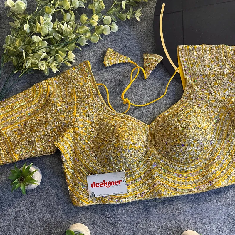 Yellow Italian Silk Heavy Coding & Sequin Work Sabyasachi Neck Blouse