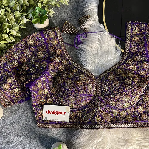 Purple Italian Silk Sequin Work & Heavy Coding Sabyasachi Neck Blouse