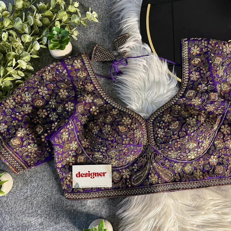 Purple Italian Silk Sequin Work & Heavy Coding Sabyasachi Neck Blouse