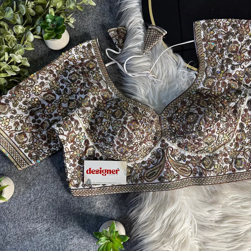 White Italian Silk Sequin Work & Heavy Coding Sabyasachi Neck Blouse