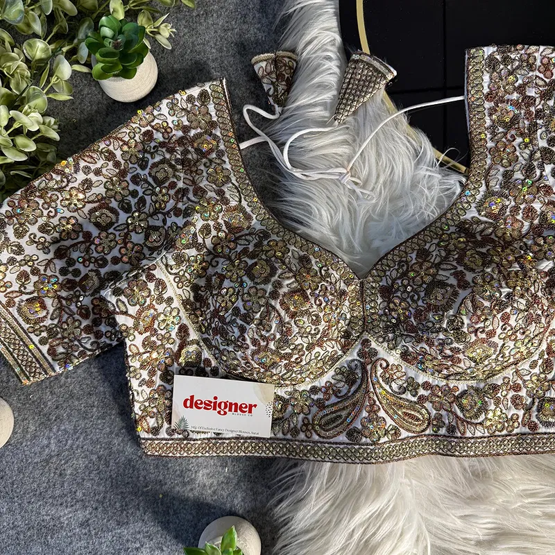 White Italian Silk Sequin Work & Heavy Coding Sabyasachi Neck Blouse