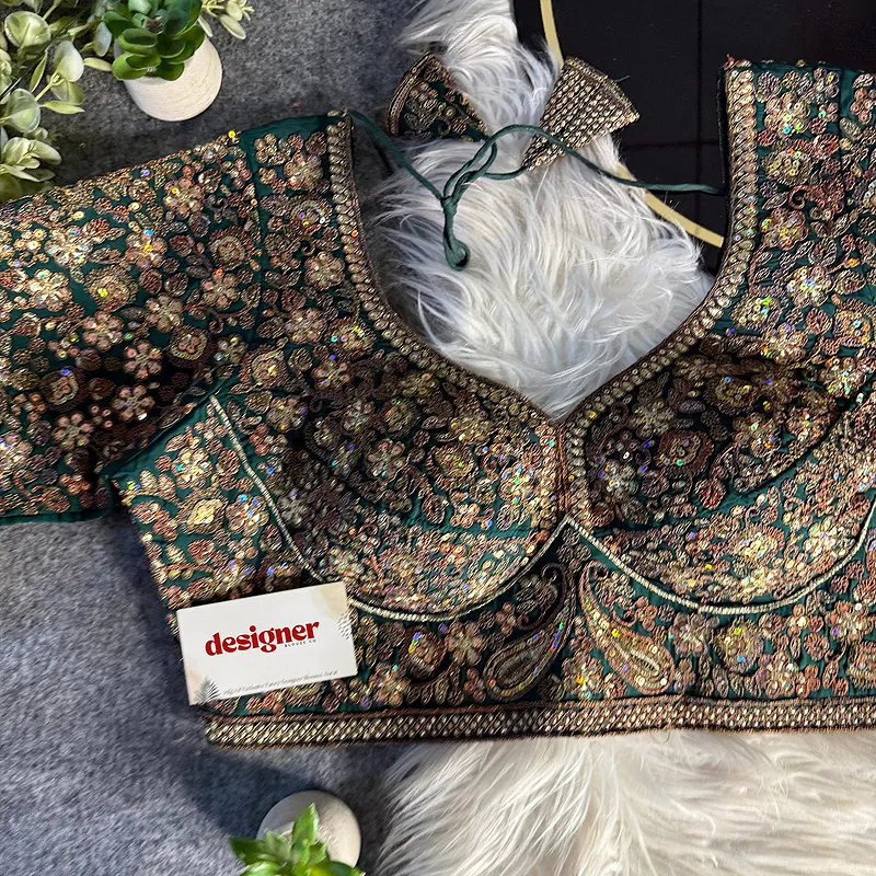 Bottle Green Italian Silk Sequin Work & Heavy Coding Sabyasachi Neck Blouse