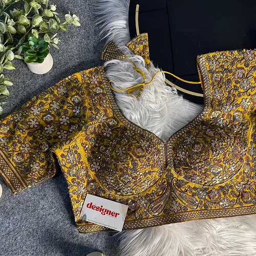 Mustard Italian Silk Sequin Work & Heavy Coding Sabyasachi Neck Blouse