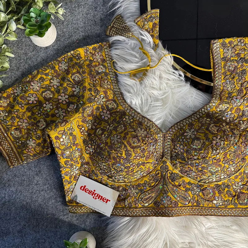 Mustard Italian Silk Sequin Work & Heavy Coding Sabyasachi Neck Blouse