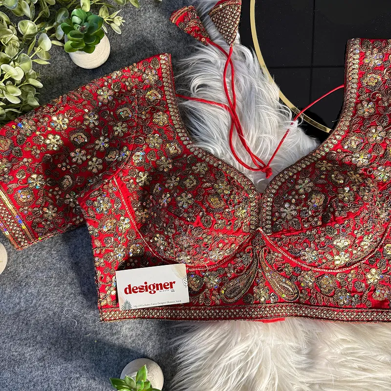 Red Italian Silk Sequin Work & Heavy Coding Sabyasachi Neck Blouse