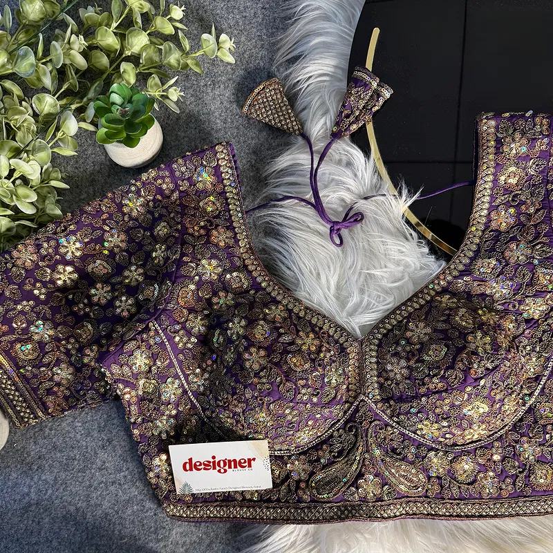 Wine Italian Silk Sequin Work & Heavy Coding Sabyasachi Neck Blouse