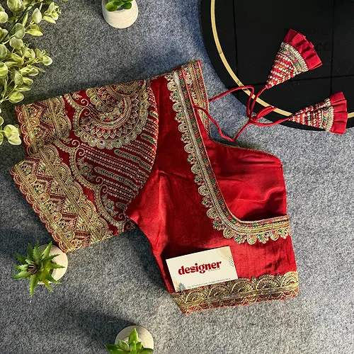 Red Front Open Embroidery Work Gajji Silk Designer Blouse