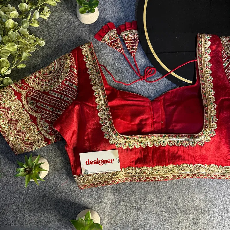 Red Front Open Embroidery Work Gajji Silk Designer Blouse