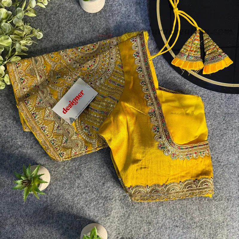 Yellow Front Open Embroidery Work Gajji Silk Designer Blouse