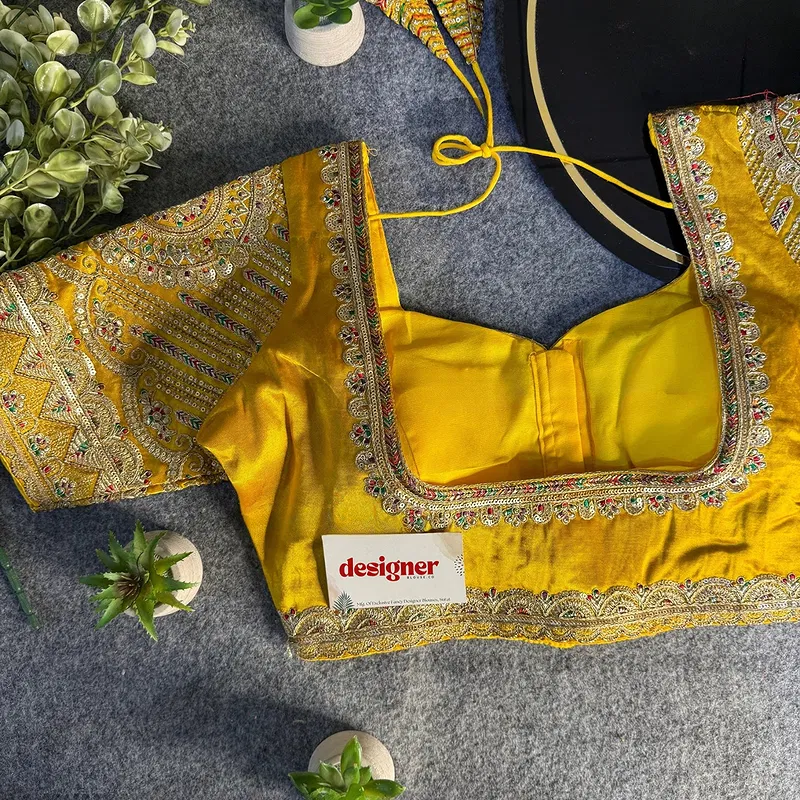 Yellow Front Open Embroidery Work Gajji Silk Designer Blouse