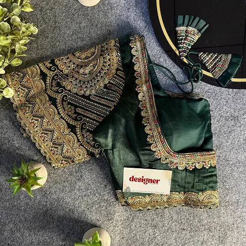 Bottle Green Front Open Embroidery Work Gajji Silk Designer Blouse