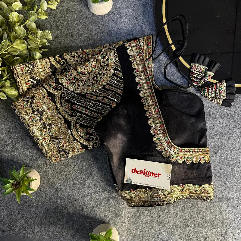 Black Front Open Embroidery Work Gajji Silk Designer Blouse