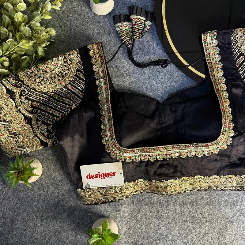 Black Front Open Embroidery Work Gajji Silk Designer Blouse