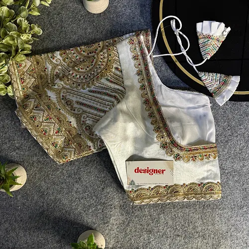 White Front Open Embroidery Work Gajji Silk Designer Blouse
