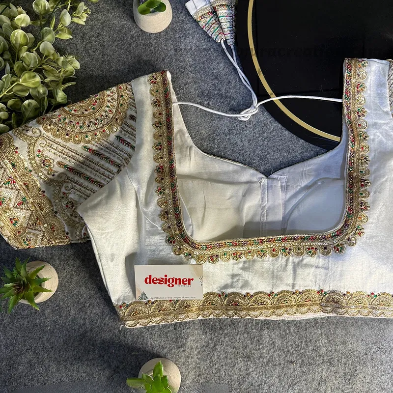 White Front Open Embroidery Work Gajji Silk Designer Blouse