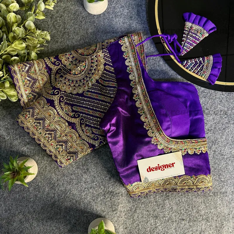 Purple Front Open Embroidery Work Gajji Silk Designer Blouse