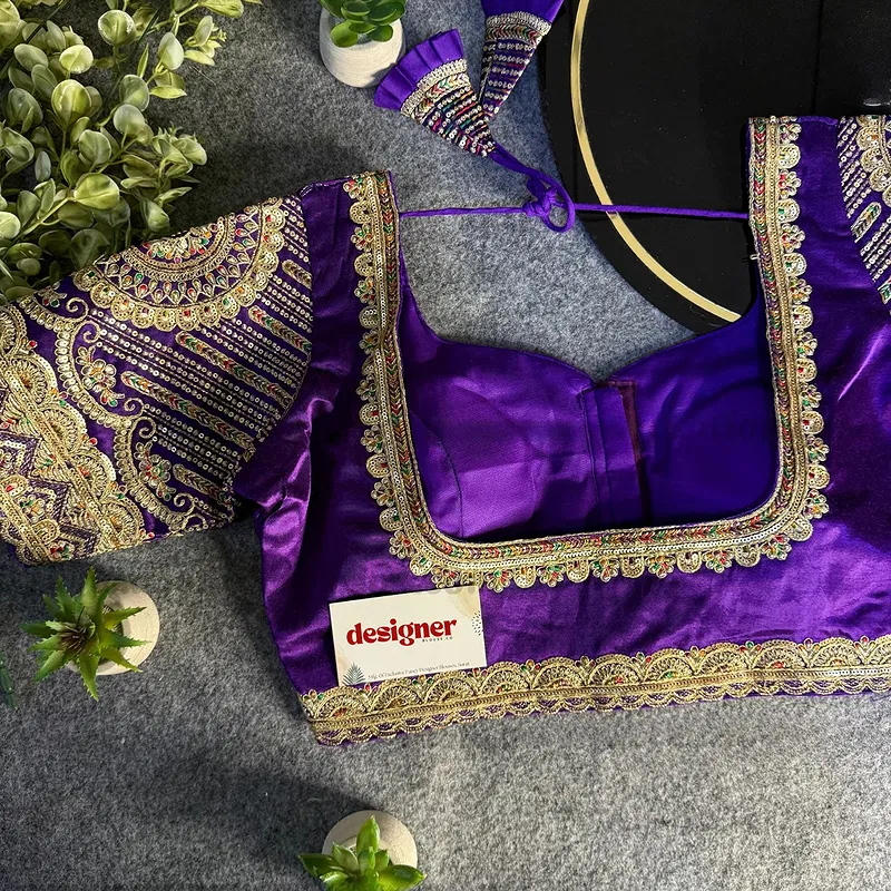 Purple Front Open Embroidery Work Gajji Silk Designer Blouse
