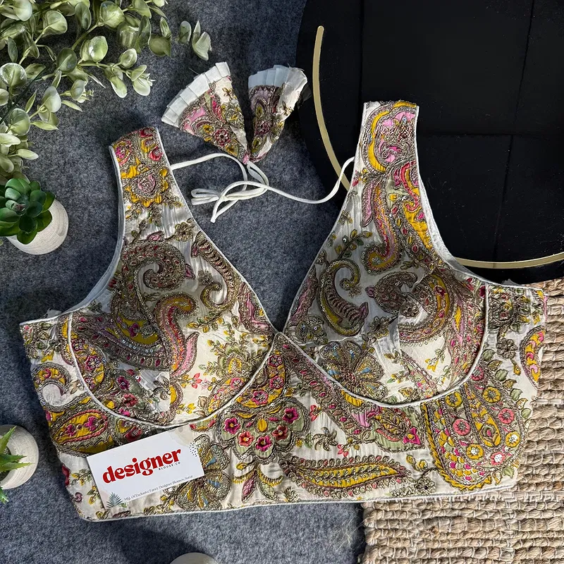 White Embroidery Work V Neck Halter Neck Designer Blouse