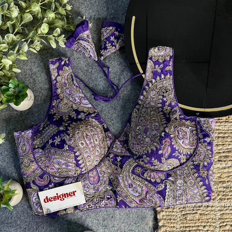 Purple Embroidery Work V Neck Halter Neck Designer Blouse