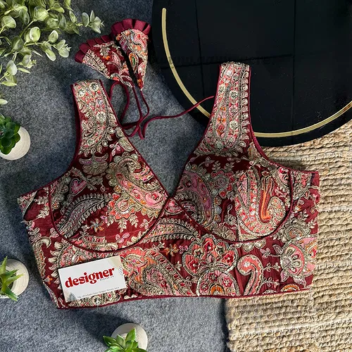 Maroon Embroidery Work V Neck Halter Neck Designer Blouse