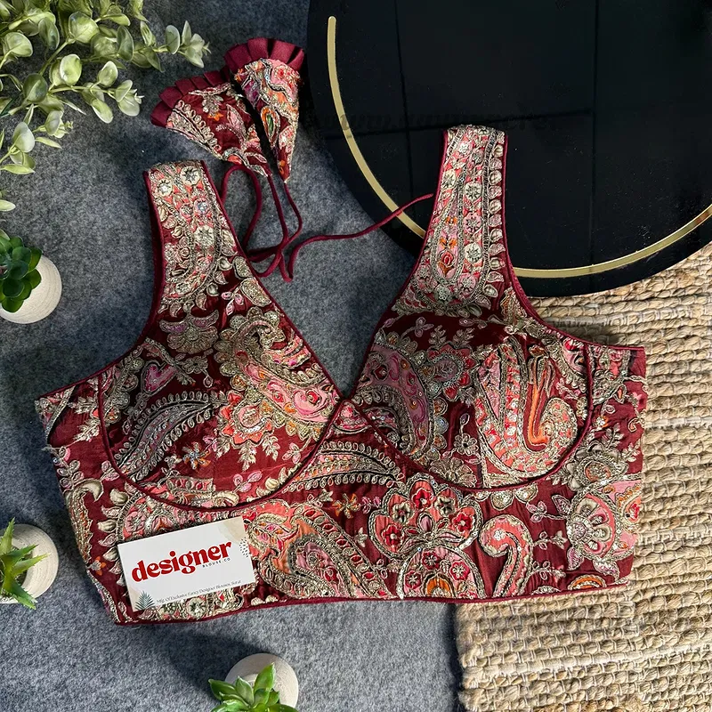 Maroon Embroidery Work V Neck Halter Neck Designer Blouse