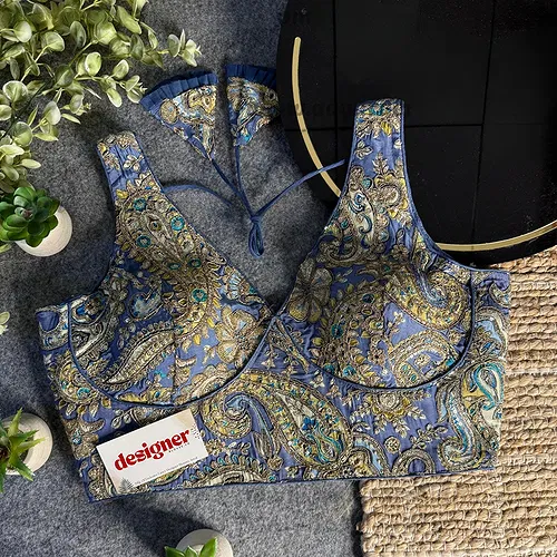 Grey Embroidery Work V Neck Halter Neck Designer Blouse