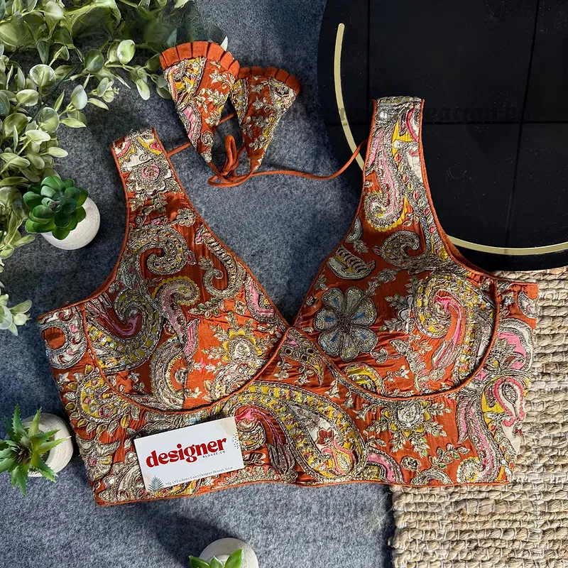 Copper Embroidery Work V Neck Halter Neck Designer Blouse