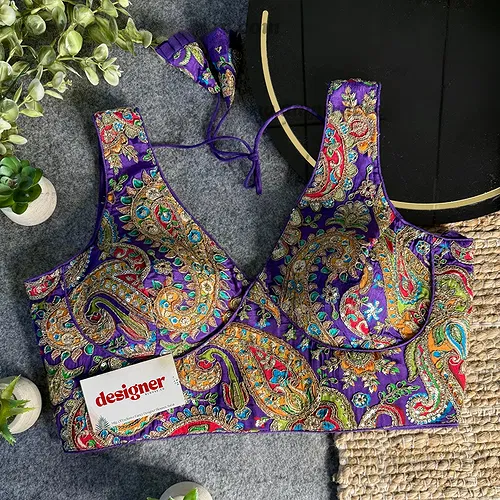 Purple Embroidery Work V Neck Halter Neck Designer Blouse