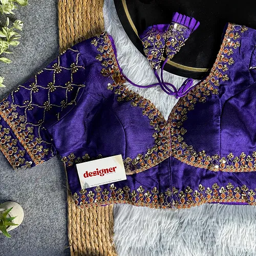 Purple Italian Silk Heavy Embroidery & Beads Work Wedding Blouse