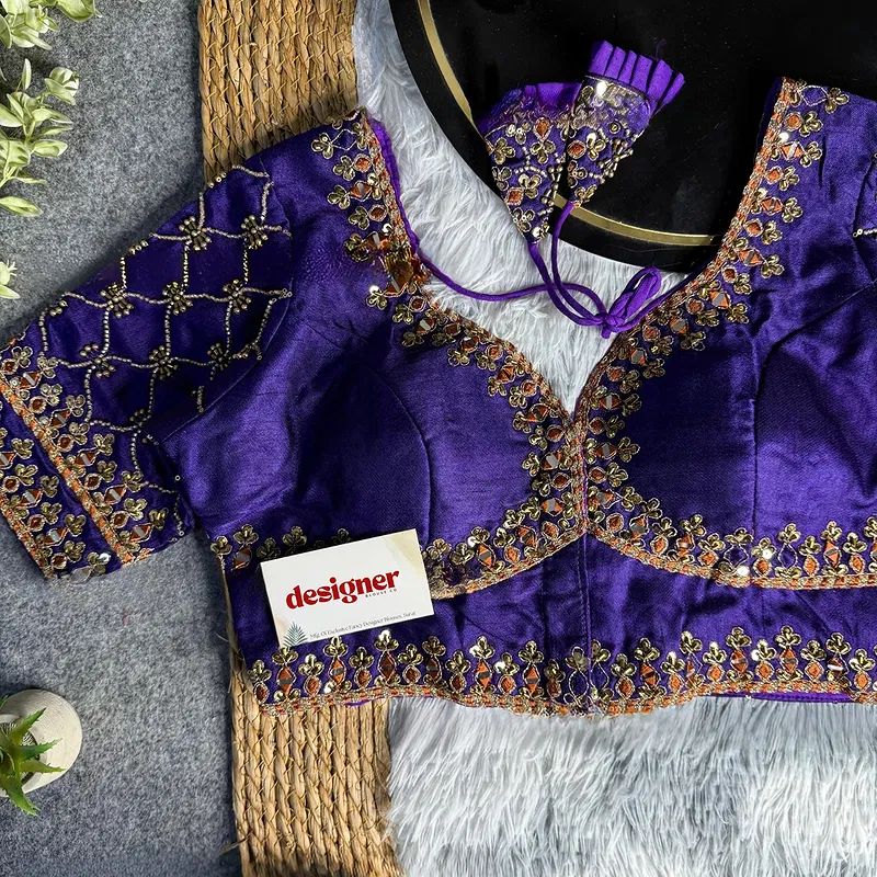 Purple Italian Silk Heavy Embroidery & Beads Work Wedding Blouse