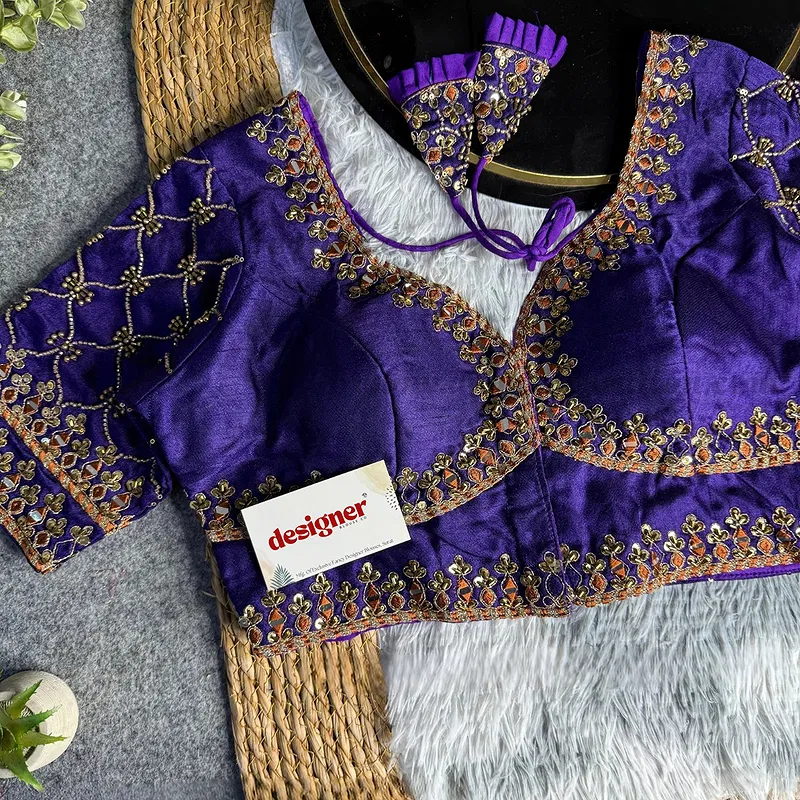 Purple Italian Silk Heavy Embroidery & Beads Work Wedding Blouse