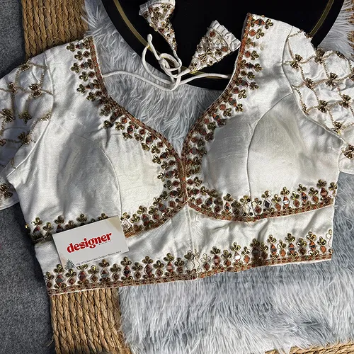 White Italian Silk Heavy Embroidery & Beads Work Wedding Blouse