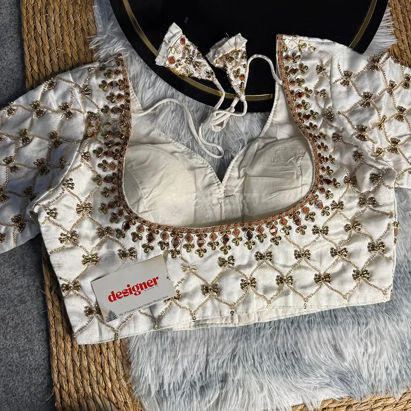 White Italian Silk Heavy Embroidery & Beads Work Wedding Blouse