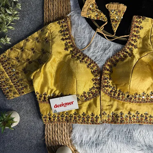 Gold Italian Silk Heavy Embroidery & Beads Work Wedding Blouse