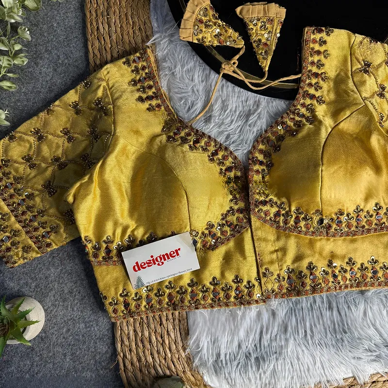 Gold Italian Silk Heavy Embroidery & Beads Work Wedding Blouse