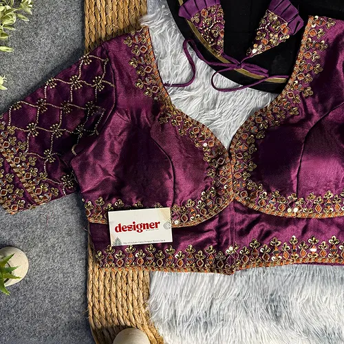 Wine Italian Silk Heavy Embroidery & Beads Work Wedding Blouse