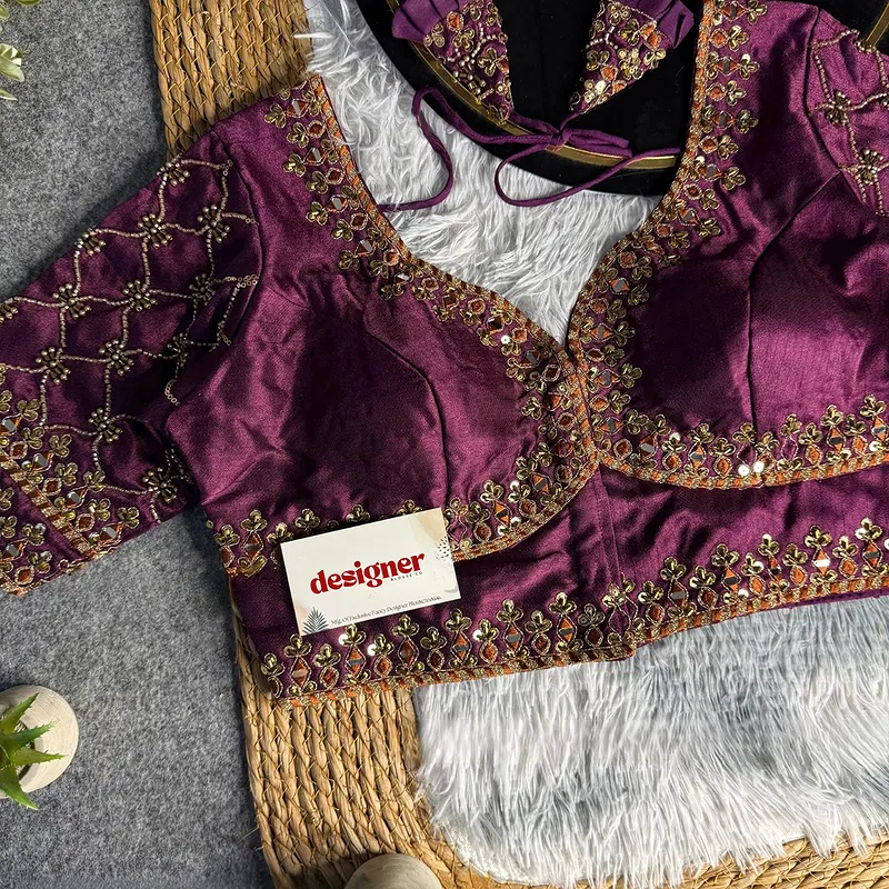 Wine Italian Silk Heavy Embroidery & Beads Work Wedding Blouse