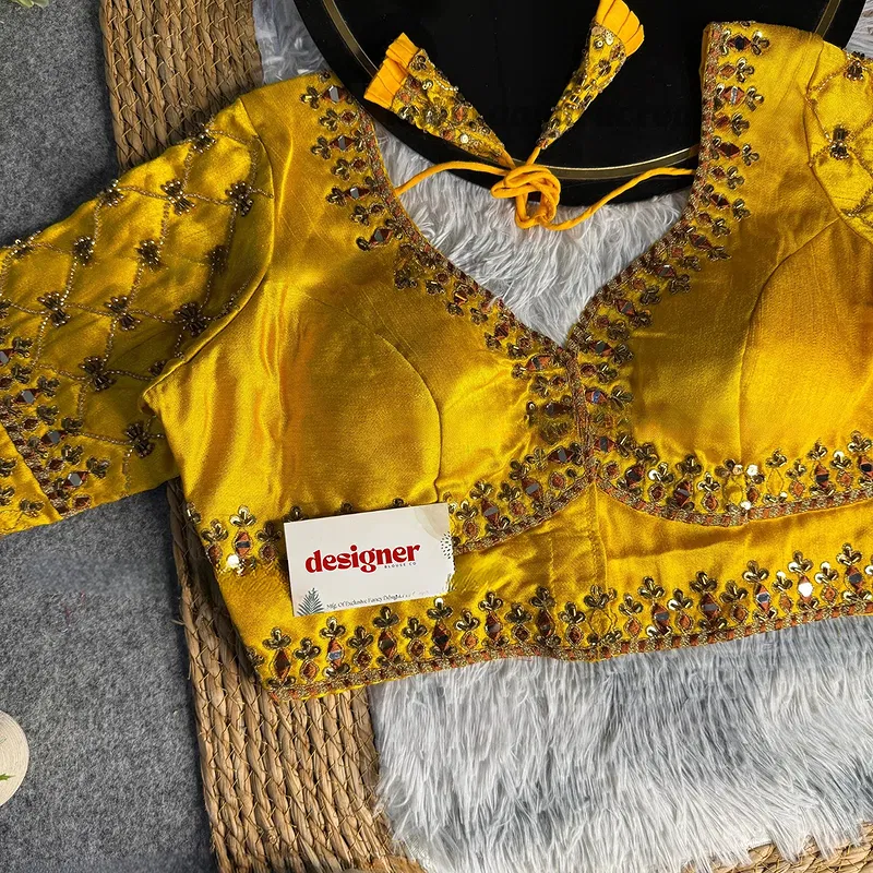 Yellow Italian Silk Heavy Embroidery & Beads Work Wedding Blouse