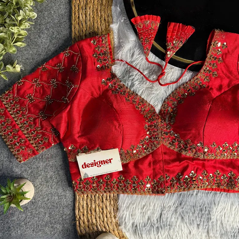 Red Italian Silk Heavy Embroidery & Beads Work Wedding Blouse